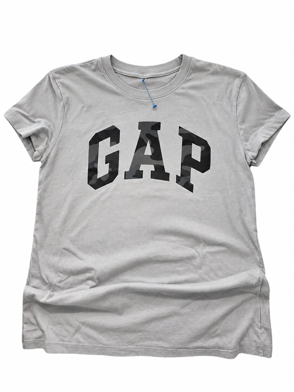 worn Gray Gap t-shirt with black arched logo, size M [idk if its mens or womens!